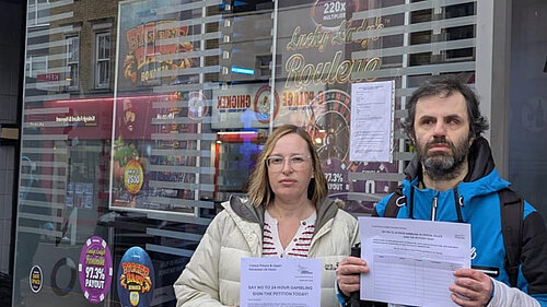 Cllr Claire Bonham and campaigner Yusuf Osman outside the Admiral on Westow Hill